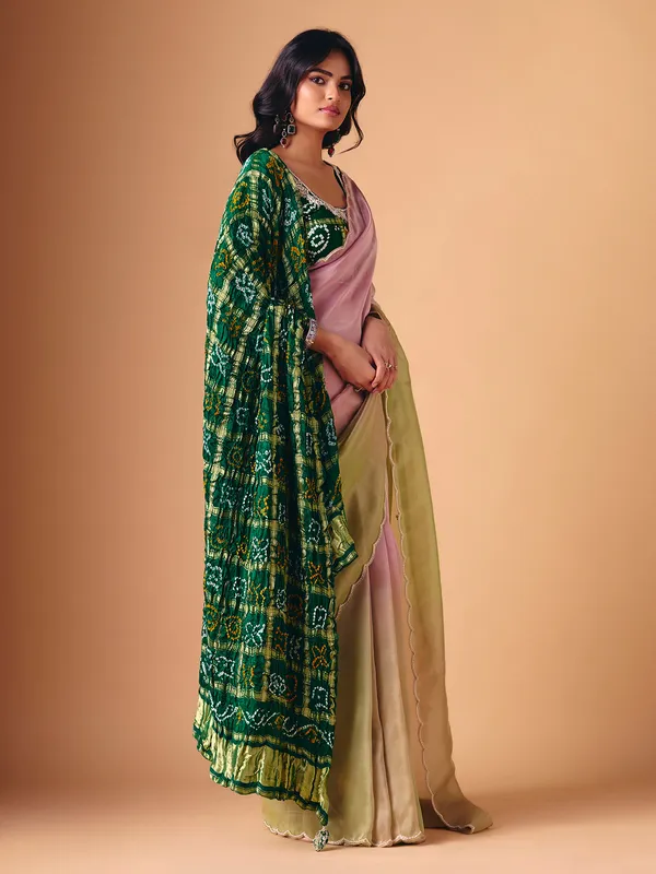 Pista green pink shaded tissue saree