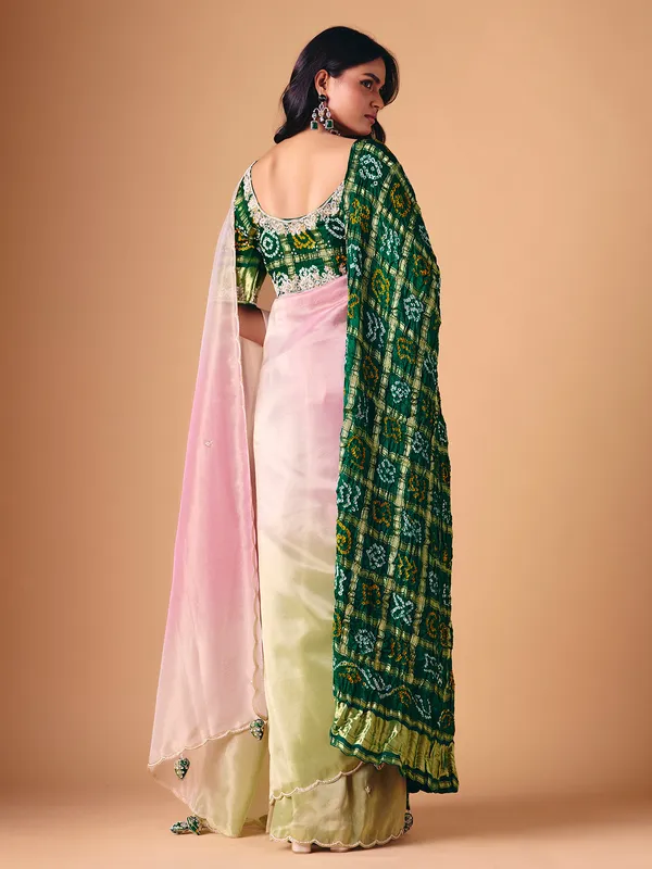 Pista green pink shaded tissue saree
