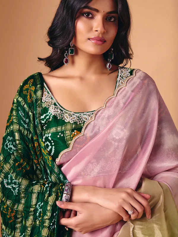 Pista green pink shaded tissue saree