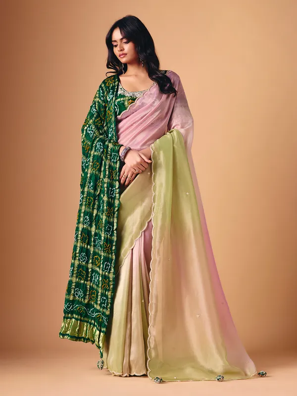 Pista green pink shaded tissue saree