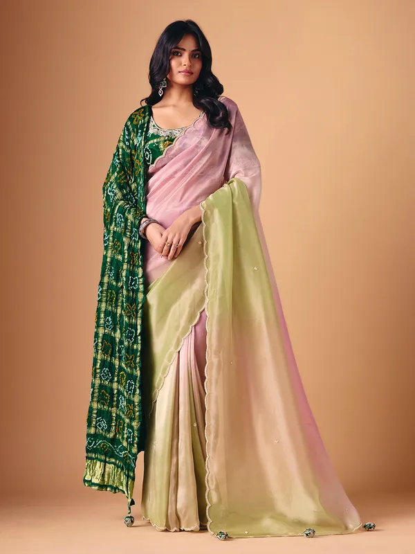 Pista green pink shaded tissue saree