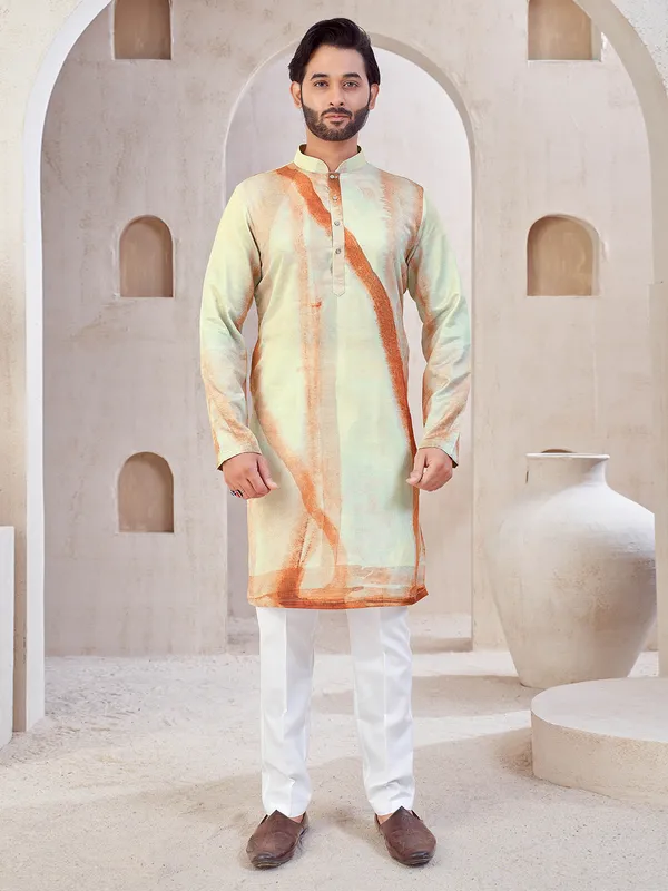 Pista green printed cotton kurta suit