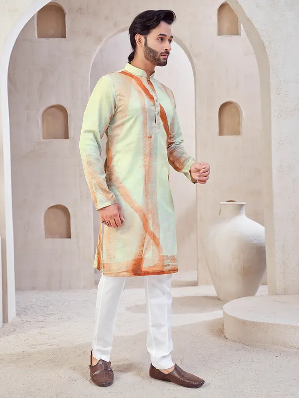 Pista green printed cotton kurta suit