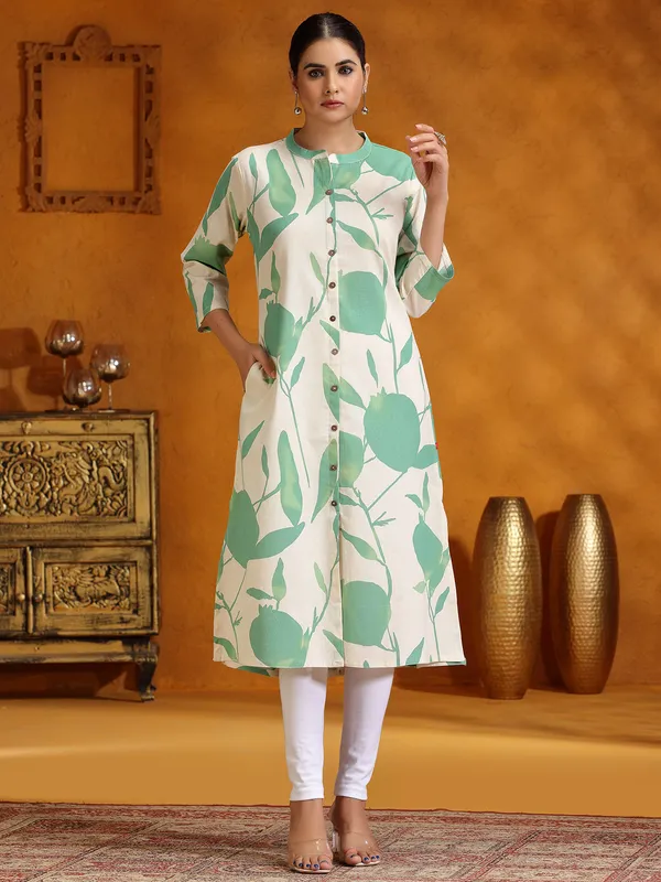 Pista green printed cotton kurti for casual wear