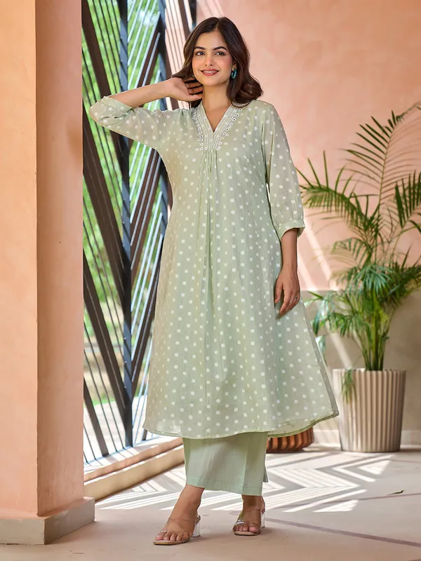 Pista green printed cotton kurti set for women casual wear