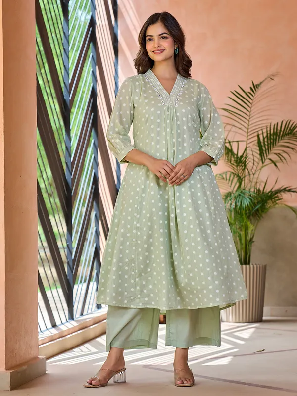 Pista green printed cotton kurti set for women casual wear