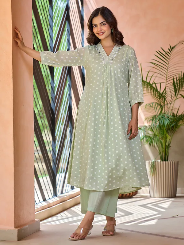 Pista green printed cotton kurti set for women casual wear