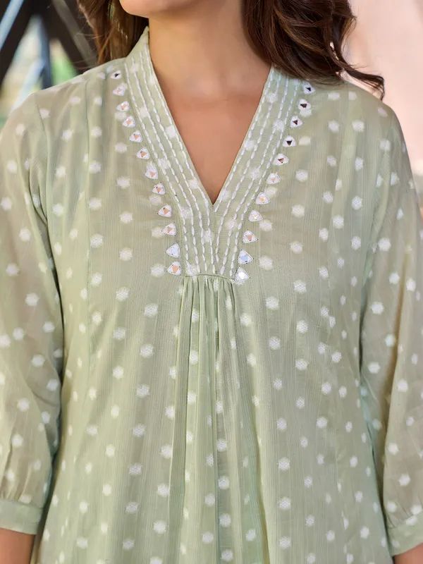 Pista green printed cotton kurti set for women casual wear
