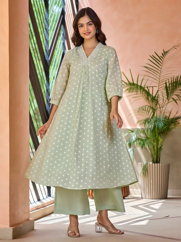 Pista green printed cotton kurti set for women casual wear