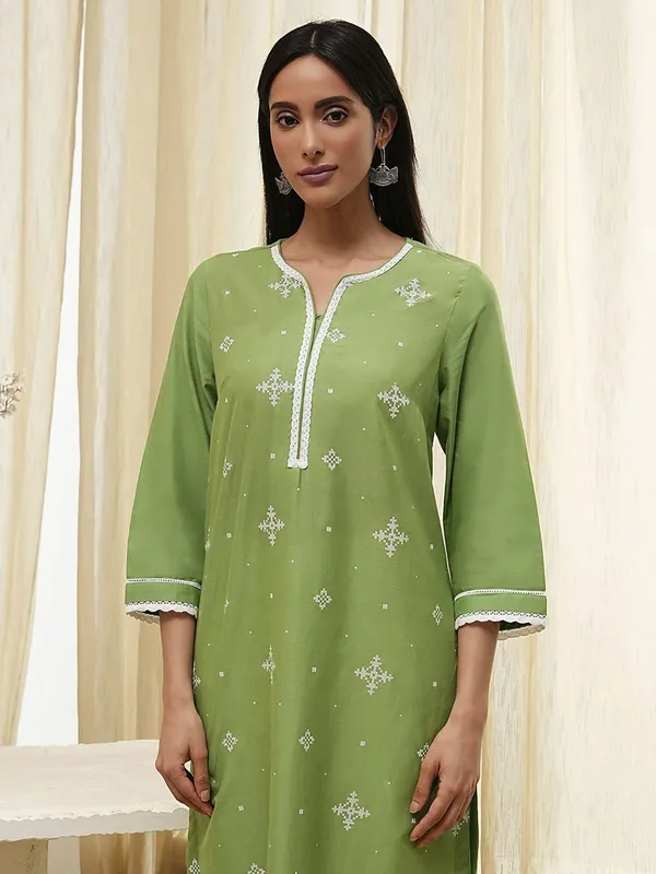 Pista green printed cotton silk kurti for women