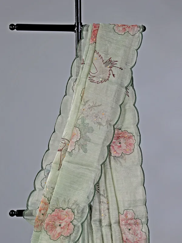 Pista green printed cotton silk saree