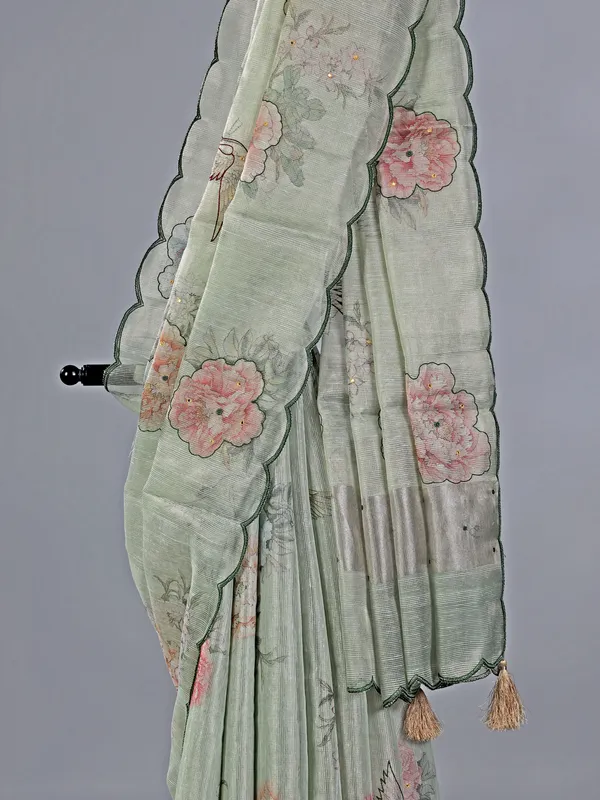 Pista green printed cotton silk saree