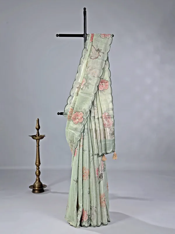 Pista green printed cotton silk saree