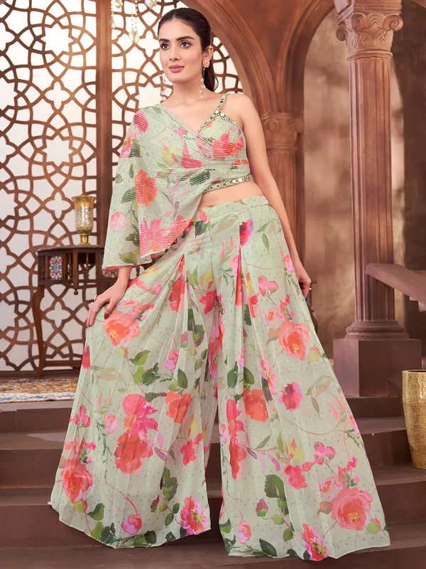 Pista green printed georgette palazzo suit