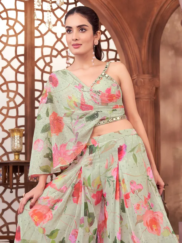 Pista green printed georgette palazzo suit