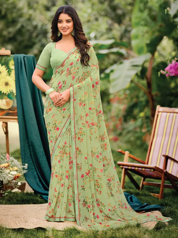 Pista green printed georgette saree for women