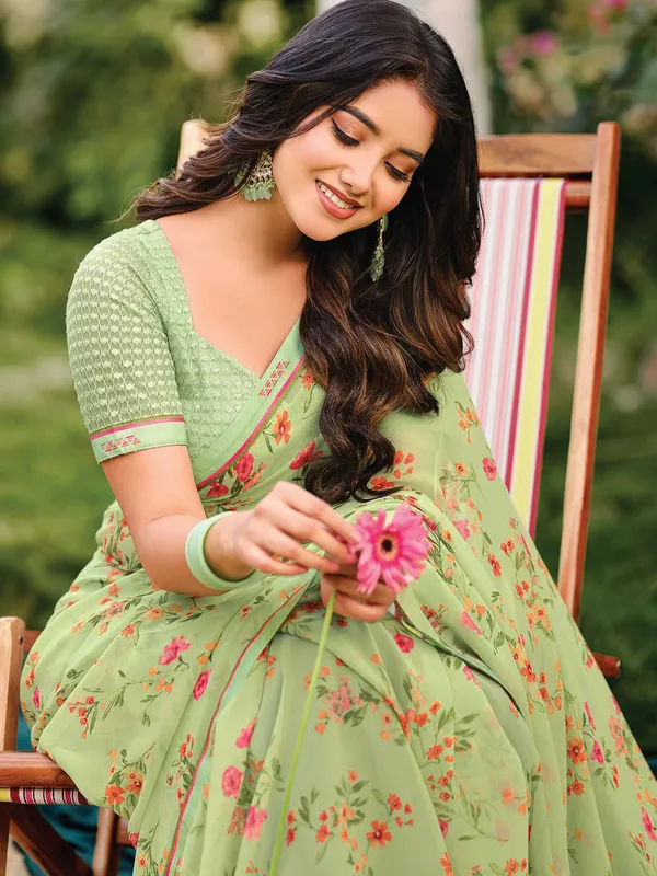 Pista green printed georgette saree for women