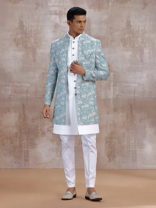 Pista green printed jacket style indo western