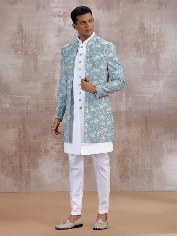 Pista green printed jacket style indo western