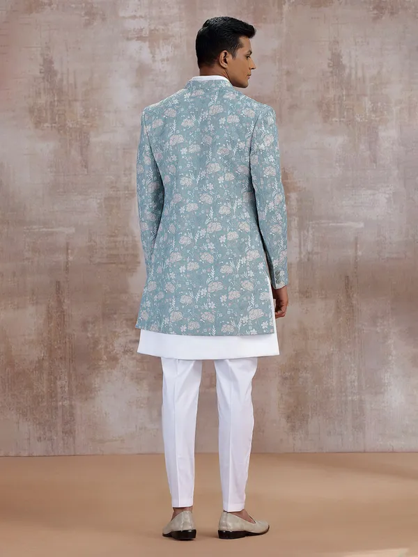 Pista green printed jacket style indo western