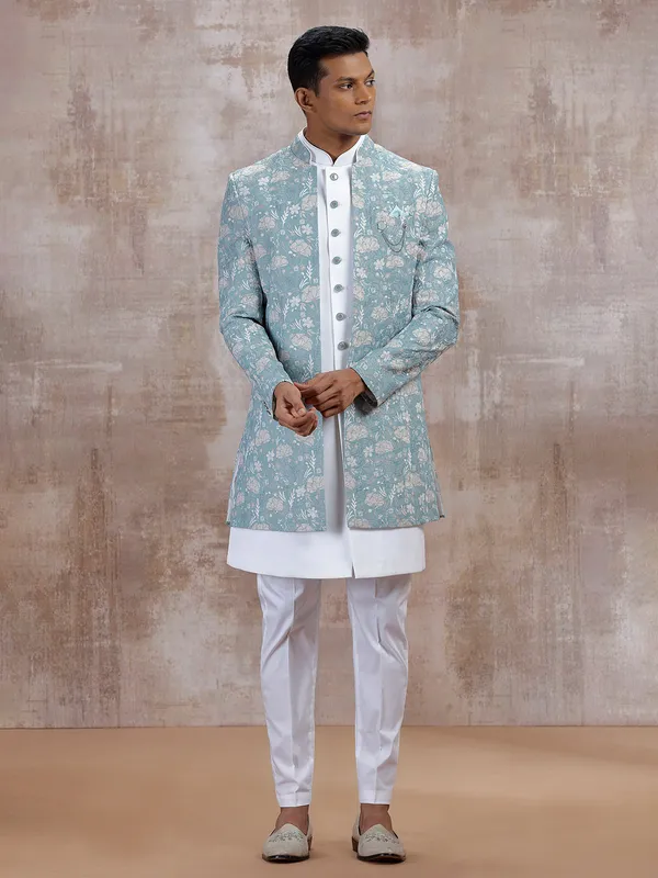 Pista green printed jacket style indo western