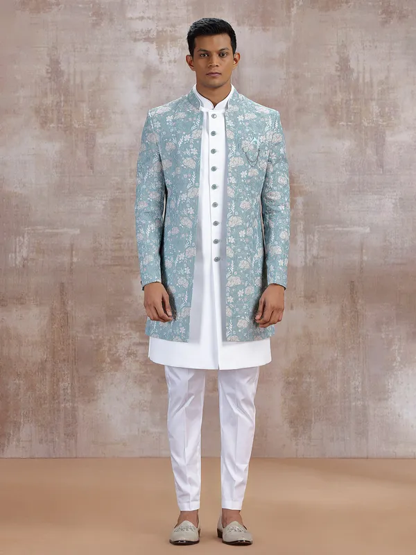 Pista green printed jacket style indo western