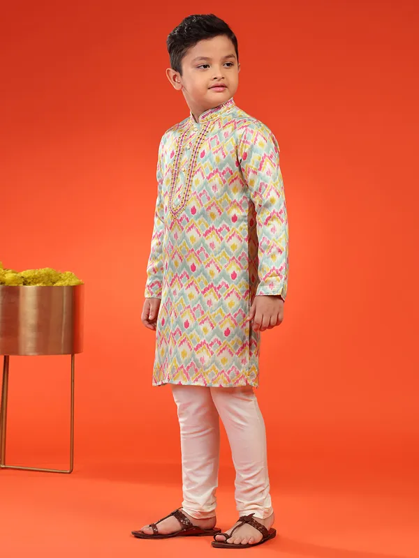 Pista green printed kurta suit in silk