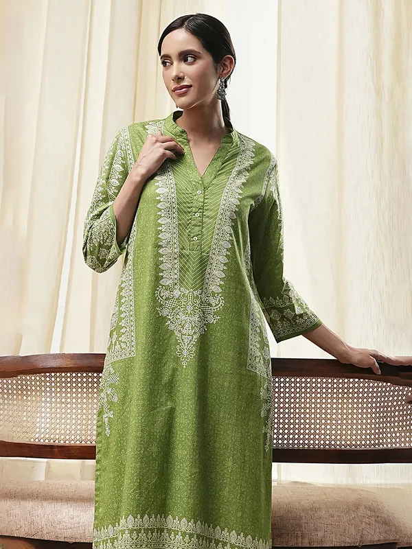 Pista green printed kurti in silk