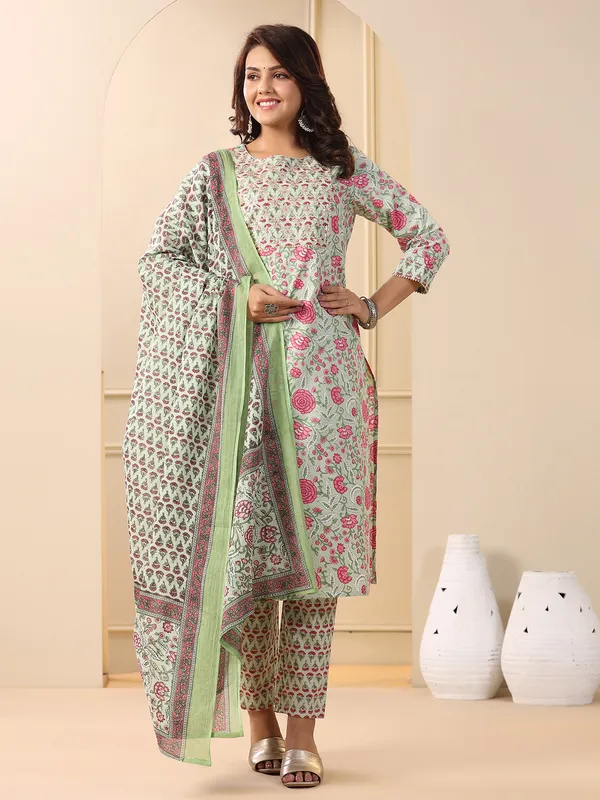 Pista green printed kurti set in cotton