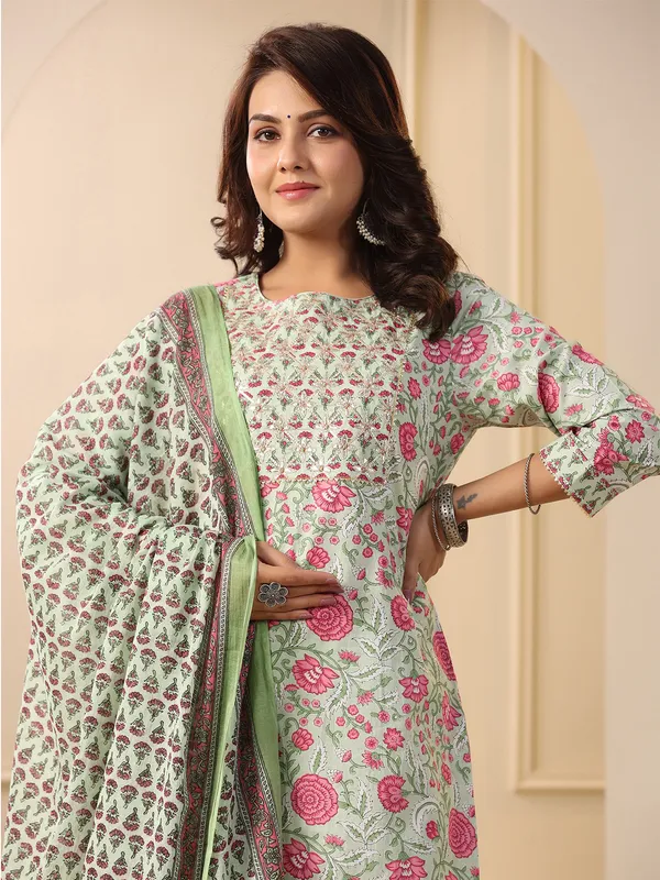 Pista green printed kurti set in cotton
