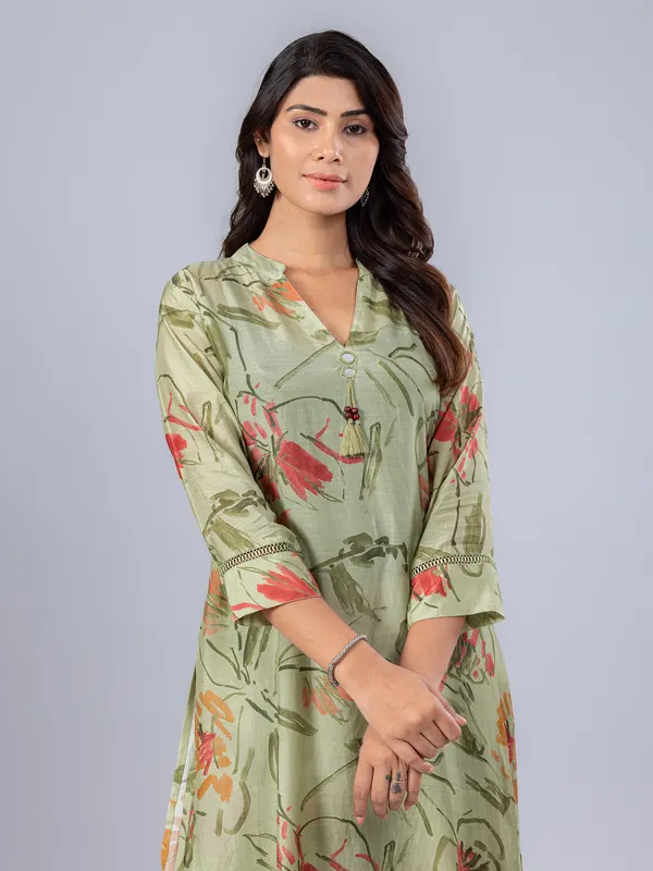 Pista green printed kurti set in silk