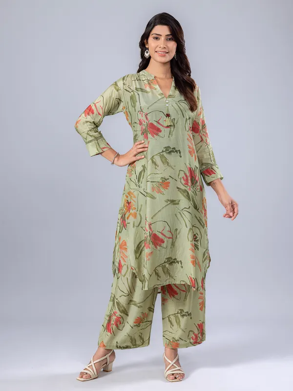 Pista green printed kurti set in silk