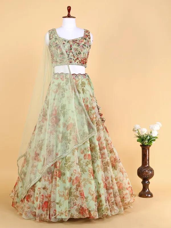 Pista green printed lehenga choli in organza