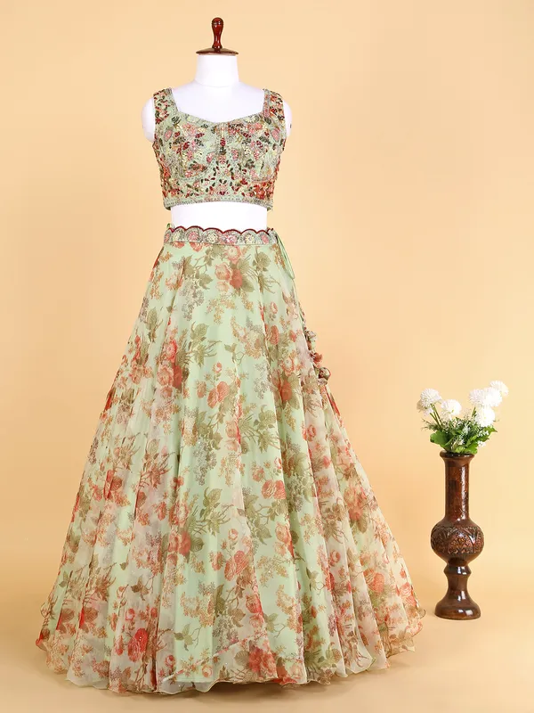 Pista green printed lehenga choli in organza