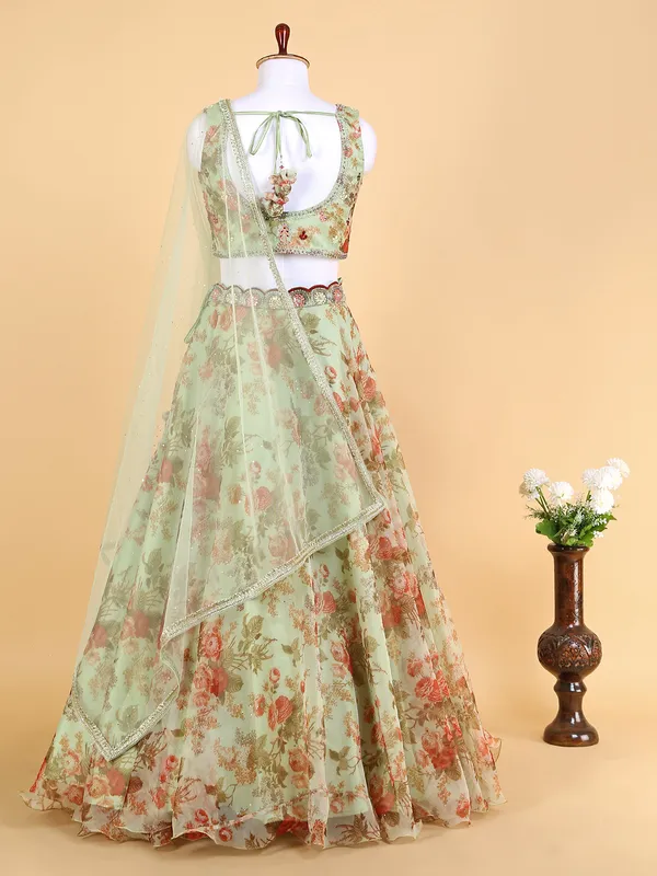 Pista green printed lehenga choli in organza