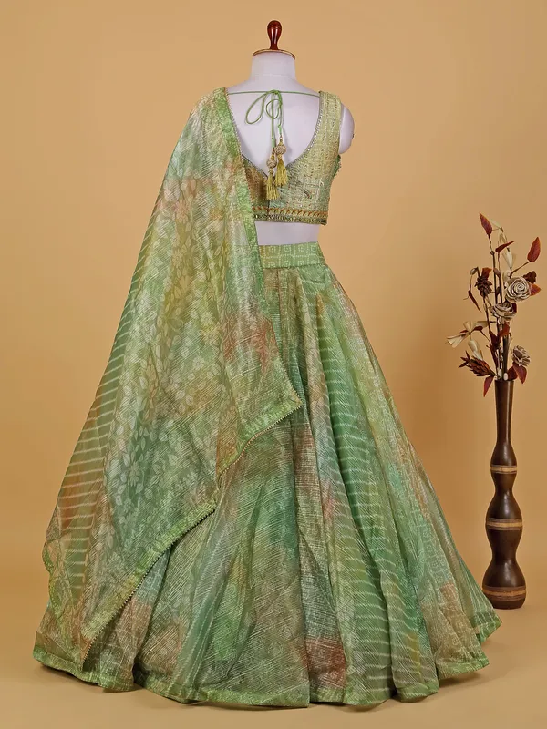 Pista green printed organza lehenga choli