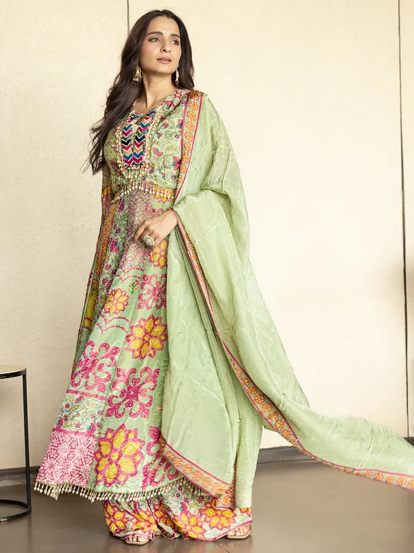 Pista green printed palazzo suit in silk