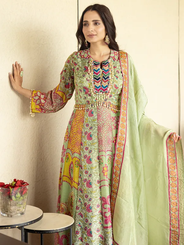 Pista green printed palazzo suit in silk