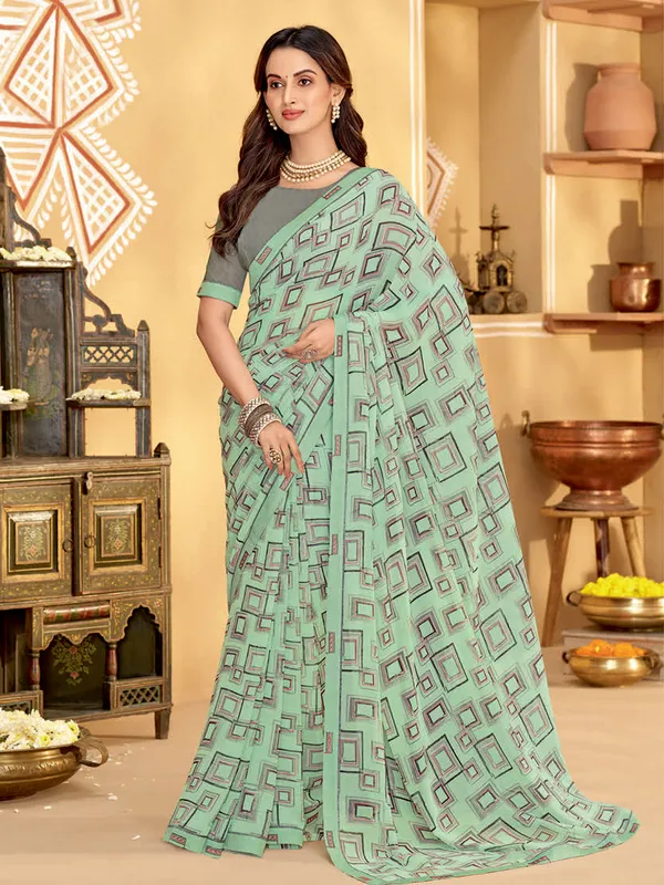 Pista green printed saree in georgette