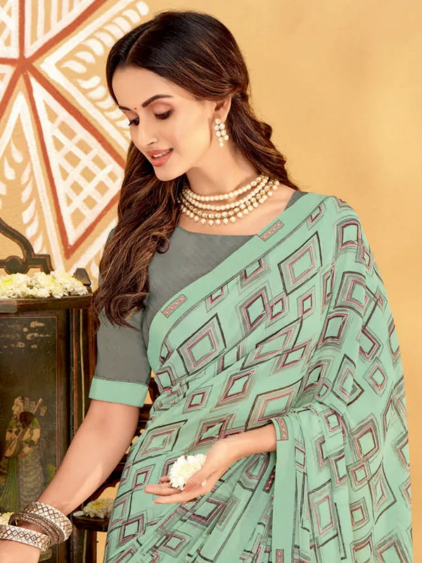 Pista green printed saree in georgette