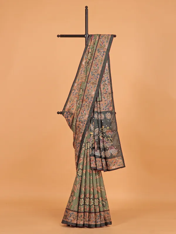 Pista green printed semi cotton silk saree