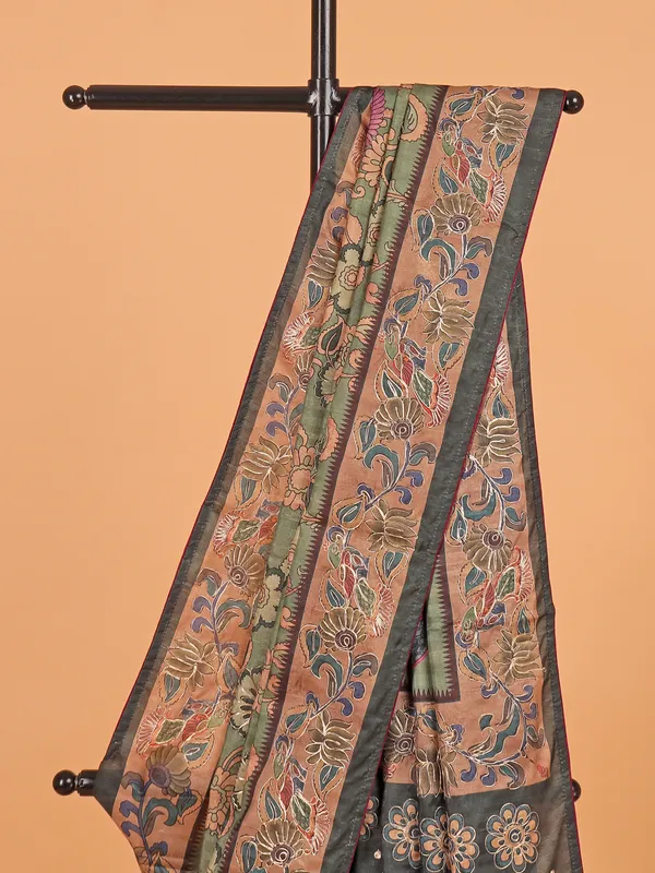 Pista green printed semi cotton silk saree