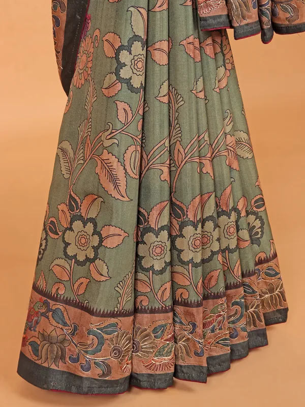 Pista green printed semi cotton silk saree