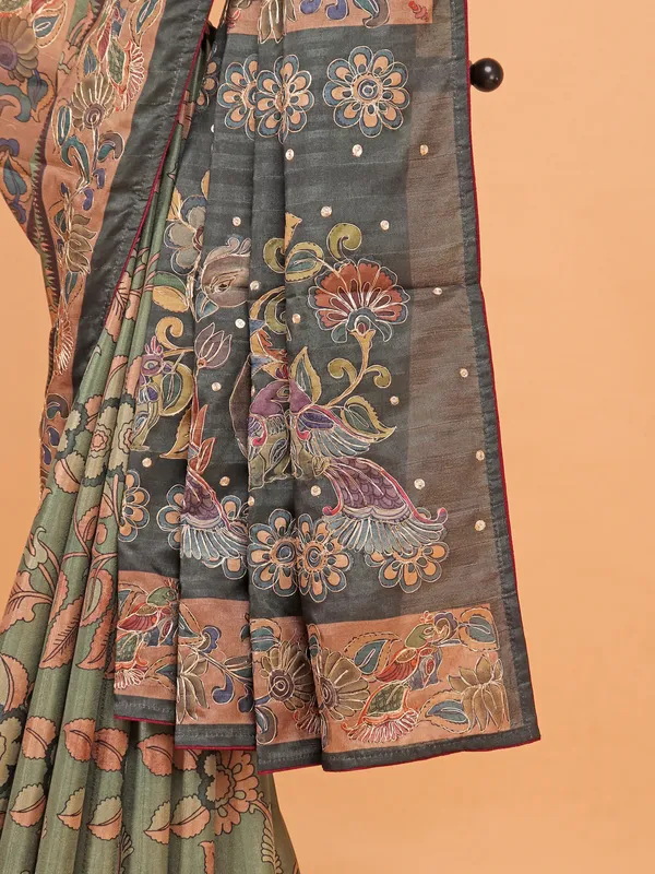Pista green printed semi cotton silk saree