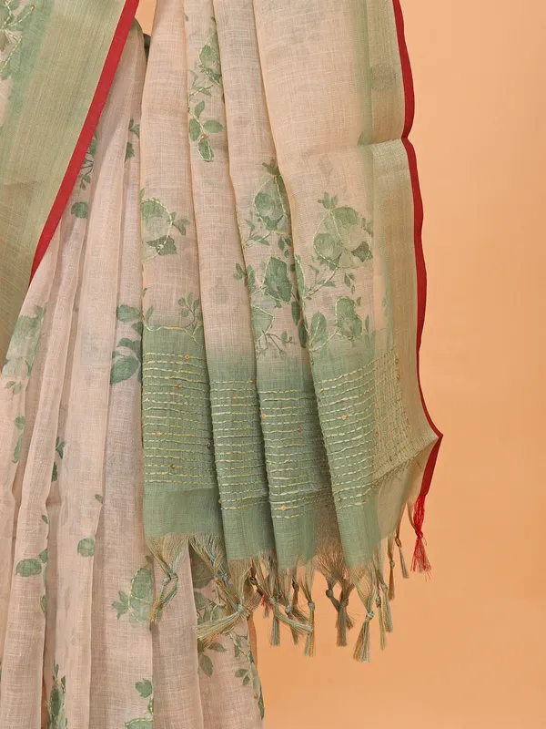 Pista green printed semi linen saree for festive