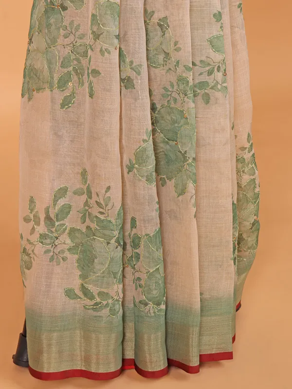 Pista green printed semi linen saree for festive