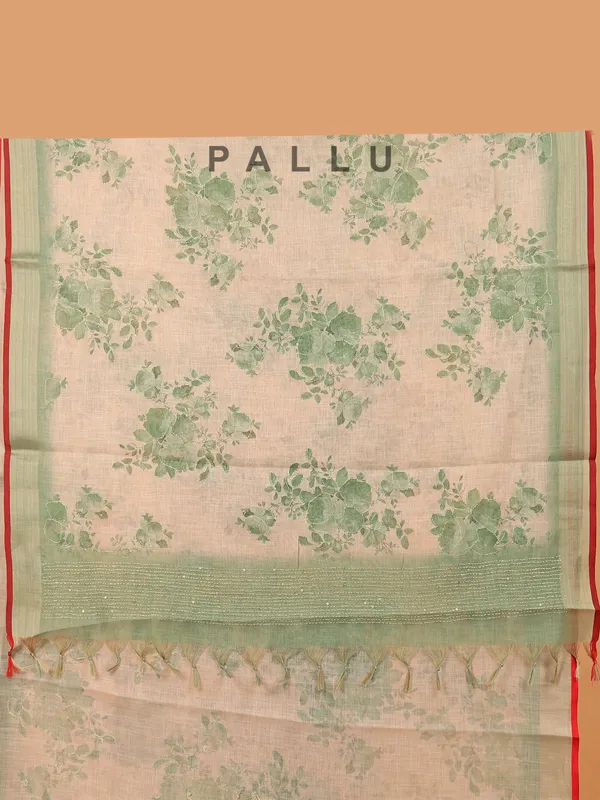 Pista green printed semi linen saree for festive