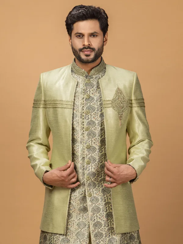 Pista green printed silk indowestern
