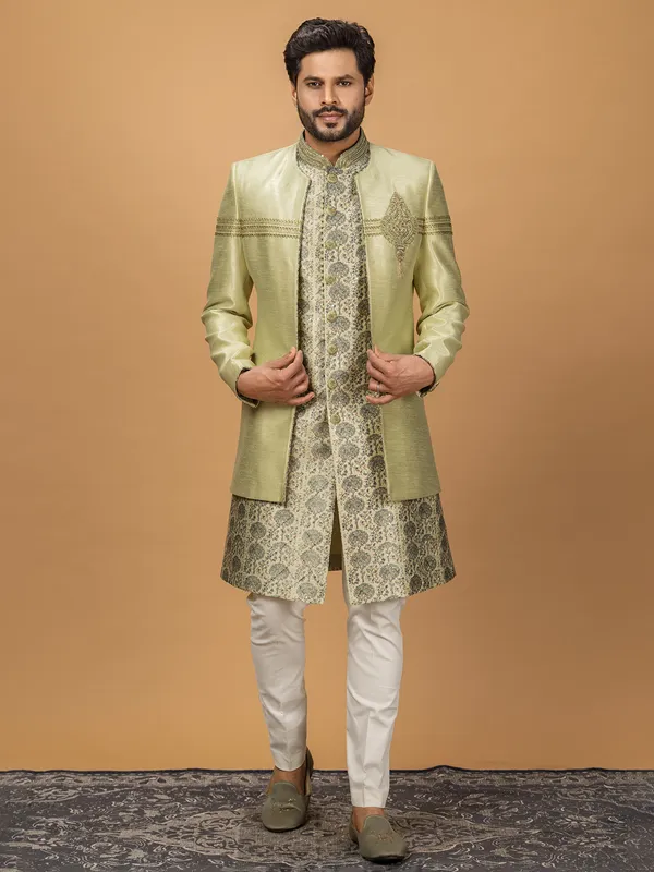 Pista green printed silk indowestern