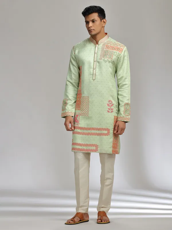 Pista green printed satin linen kurta pajama for festive wear